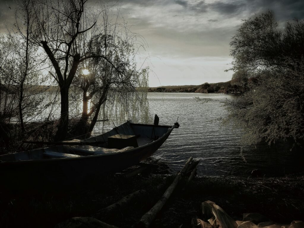 a boat sitting on the shore of a lake